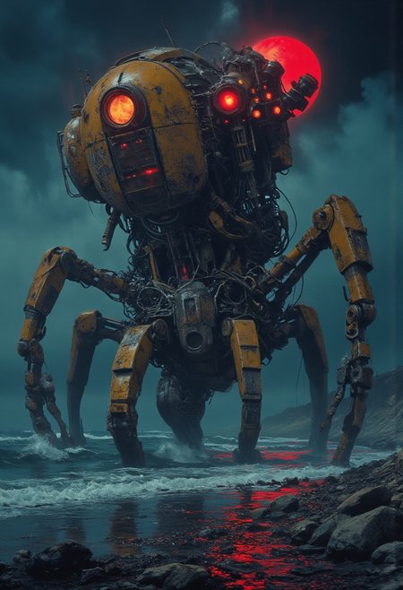 Envision a towering mecha with multiple intricate legs emerging from the seashore at night, its complex design gleaming under vibrant, storm-lit colors. Detailed reflections ripple across the rain-soaked water, as thick fog envelops the scene. A dramatic red moon casts an ominous glow from above, illuminating the machine’s dieselpunk aesthetic against a high-contrast sky pierced by flashes of lightning. The mecha appears menacing and sinister, highlighted by intense color contrast, with bright, vibrant tones glowing against the dark ocean and shoreline. Seen from a high angle and close-up, every detail stands out, capturing the high-intensity sci-fi atmosphere.partially submerged,heavy rain, best quality,masterpiece, detailed, UHD, lots of fine detail,award-winning,vibrant,acid colors,from above,illustration,concept art,cinematic,futuristic,visionary,surreal,grimdark,disturbing,((close-up)),hdr,Jakub rozalski,Simon Stålenhag
Piotr Jabłoński
Greg Rutkowski
Guillermo del toro
Ridley Scott
 H.R.Giger