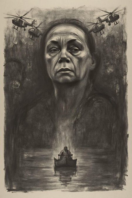 kako1 black and white charcoal drawing.  
A dramatic, surreal poster inspired by the film Apocalypse Now, featuring a large, ominous face blending into the background of a dark, eerie jungle. Helicopters fly in formation across the sky, while a riverboat sails through the misty waters below. The composition is intense and haunting, with an atmosphere of chaos and foreboding.  <lora:kako1_litho_nocap_d6a3:1.0><lora:814768786826622969:0>