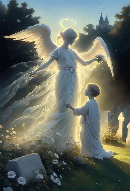 High quality, highly detailed painting, On a sunny day, in a graveyard, a young boy is offering flowers to a translucent ghost with wings