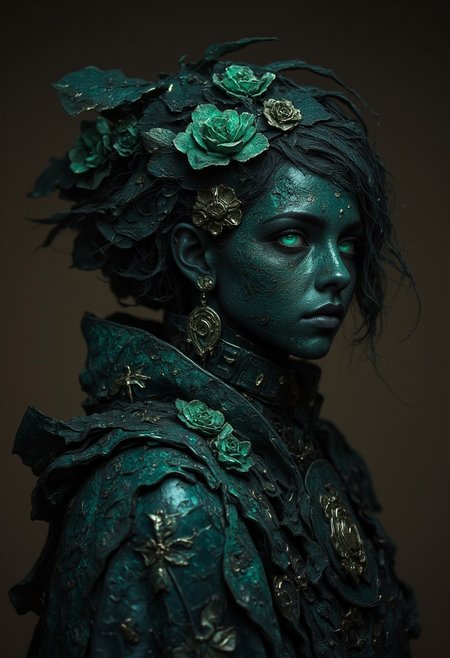 A statue of a african woman made of Black Onyx, her skin composed of delicate, textured Black Onyx, with Black Onyx carved flowers intricately woven into her hair, her eyes are a bright, glowing green color, and she is wearing a majestic, windy-blown ornate gown with tattered, Black Onyx and obsidian petals, reminiscent of a dark, dystopian world, her face and shoulders illuminated by a soft, ambient glow, as if radiating an otherworldly energy. In the styles of Royo's dark, mystical realism, Artgerm's hyper-detailed, metallic sheen, and Lovecraft's eerie, atmospheric tension, with meticulous attention to intricate textures, dramatic shading, and a sense of haunting, ethereal beauty.