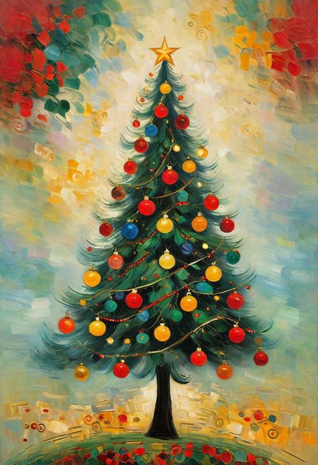Christmas tree, vivid colors, (Expressionist, rough sketch, Oil painting) (tenebrism, pentimento:1.1)  (by Gustav Klimt)