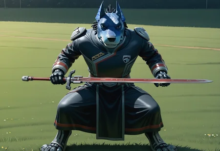 best quality, amazing quality, very aesthetic, absurdres, newest, high quality, masterpiece BREAK Anub1sKrug3r, 1boy, solo, alien, furry male, canine boy, blue scales, ears, no humans, tendril hair, sci-fi uniform, outdoors, black eyes, teeth, looking at viewer, stern, standing, no tail, weapon, sword, dynamic pose, full body, grass, holding sword upright  <lora:Anubis_Doggie_Kruger_Power_rangers_S.P.D:.95>