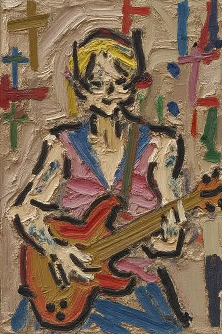 fraauer1 abstract painting of punk sailor moon playing a guitar at a heavy metal mosh pit, tattoos, pearcing., created using thick, textured strokes and a palette knife technique. The artwork features a chaotic, expressionistic composition with a multitude of vibrant colors. The background is a muted, earthy beige, possibly created with a mix of brown and beige paint. The foreground and midground are dominated by various shapes and forms painted in bold, contrasting colors. <lora:fraauer1_cap_d6a3:1.0><lora:811779249070561748:0>