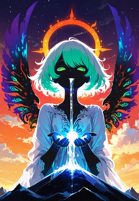 score_9, score_8_up, score_7_up, Expressiveh, very detailed, high quality, beautiful goddess, bright green eyes, perfect eyes, white flowing hair, sunset, orange sky, hazy orange halo, sun setting behind mountains, flat chest, thin body, sitting on cloud, perfect hands,  fluffy white cloud, ethereal wings, prismatic wing color, gradient wing color, (from below,),  (close up2.3), cupping hands together, reflective light in hand, pouring water from cupped hands, at an angle, looking down at earth, flowing night gown, floating in sky, looking towards viewer, soft smile, joyful, perfect face, (short hair), mountain range background,
masterpiece ,amazing quality, intricate details , sometyome_illu ,xxx667_illu , reij-incs, glowing, neon colors, black ink, white outline, abstract