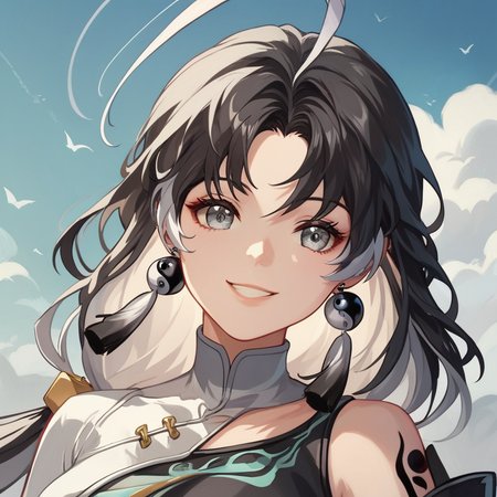 Jianxin \(Wuthering Waves\), 1girl, solo, silver eyes, multicolored hair, black hair, white hair, ahoge, yin-yang earrings, tassel earrings, low twintails, cube hairties, china dress, black and white dress, shoulder cutout, shoulder tattoo, Tacet mark, frequency tattoo, head shot, smile
<lora:Jianxin_WuWa_v2:0.7>, (score_9,score_8_up,score_7_up), (masterpiece, 8K, high quality, highres, ultra-detailed,  absurdres, best quality, detailed), sidelighting, lustrous skin