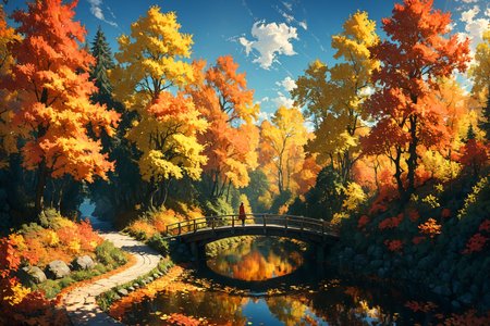 Imagine a serene landscape in the heart of autumn, where the vibrant hues of red, orange, and yellow leaves contrast strikingly against a clear, azure sky. A gentle river meanders through the scene, reflecting the brilliant colors of the trees on its smooth surface. In the foreground, a small wooden bridge arches over the river, inviting onlookers to cross. A solitary figure, clad in a cozy sweater and scarf, stands on the bridge, pausing to take in the breathtaking view. The air is crisp and filled with the subtle scent of falling leaves, creating a sense of peace and tranquility. This picturesque setting captures the essence of autumn's beauty and the reflective mood it inspires.. <lora:Lost_In_Dreams:0.6> <lora:xl_more_art-full_v1:0.6>, (masterpiece:1.2), best quality, (hyperdetailed, highest detailed:1.2), high resolution textures