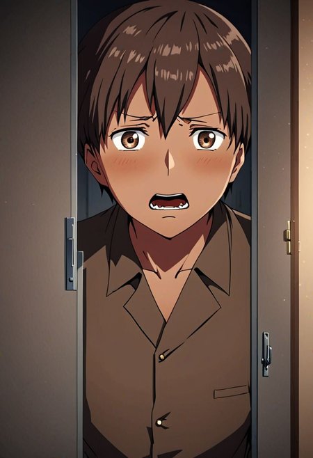 high resolution, solo, best quality, 1Boy, Takaki Toono, Brownish Hair, Brown Eyes, surprised, peeking out, OverallDetail