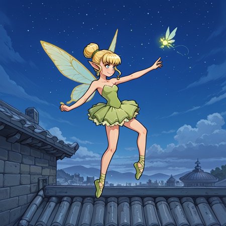 narrative pieces <lora:Akabur_IllustriousV1:0.8136681876472648>akaburstyle <lora:Tinkerbell_Peter_Pan_1953:0.570558210833615>Tinkerbell, fairy, glowing, blonde hair, single hair bun, pointy ears, fairy wings, (green strapless dress:0.33), ballet slippers, levitating, totally exposed touching toes with one hand entirely uncovered exposed hourglass figure, expertly detailed, highly detailed, sharp focus, zPDXL3 zPDXLxxx sharp_LASCALAE, ultra sharp focus, <lora:500SharpCivitai_Lascalae:0.6046152747600734> marvelous extraordinary >>>>>>>> BREAK <lora:zy_Detailed_Backgrounds_v1:0.39420887346781697> immersive intricate rich background elaborate resort rooftop wall artwork day
