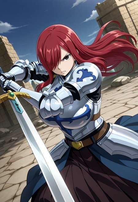 general,highres, ultra-detailed,very aesthetic,best quality ,best hands,best eyes,easynegative,
dynamic anglre, dutch angle, anime cloring,
1girl solo,looking at viewer,sword,holding sword,wilderness, fighting, 
Erza Scarlet,red hair,long_hair, brown eyes, huge_breasts, hair over one eye,armor,sword,