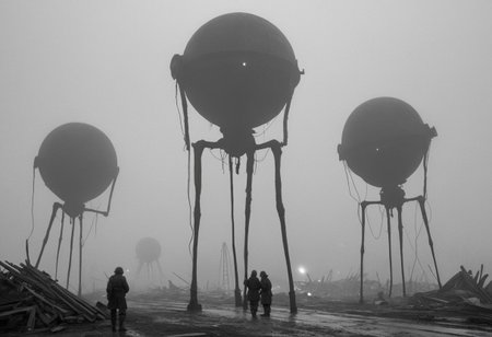 monochrome, black and white photo, old photo,blurry, low quality, old photo defects, world war 1, steam punk technology, automatons, battlefield, destroyed city,rubble, collapsed buildings, fires, artillery, Thick fog, strange shaped robots moving in the distance,massive machines in far distance,massive robots with 3 long legs ,spherical bodies,no arms, antenna, wires, consistent design,three lights ,cylindrical object protruding from the body with 3 lights on its front, looking at viewer, scary, only silhouettes, damaged robots, trench warfare, no mans land, small humans, large robots, art style of simon stalenhag