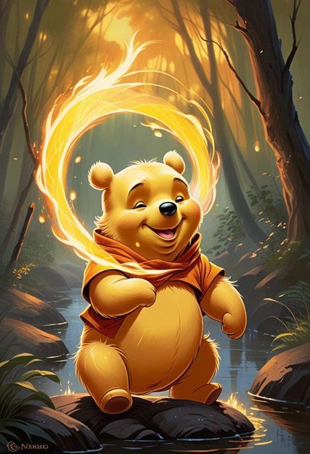 (Envision Pooh the Bear, the beloved character from the Hundred Acre Wood, transformed into a majestic fire element. His fur is made of dancing flames, ranging from the deep oranges of a sunset to the bright yellows of a midday sun. Around him, sparks of ember float gently, as if he’s surrounded by a halo of fireflies. His eyes gleam with a warm, amber glow, reflecting the power and warmth of fire. Despite his fiery form, his expression remains gentle and friendly, a testament to his enduring kindness), glowing