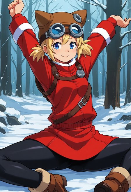 score_9, score_7_up, source_anime, BREAK solo, Pratty, blue eyes, short hair, light blonde, short twintails, hair through headwear, goggles, brown headwear, red shirt, short over long sleeves, black long sleeves, red skirt, black pantyhose, leather breastplate, brown footwear, smile, cold forest, taiga, snow, stretching,