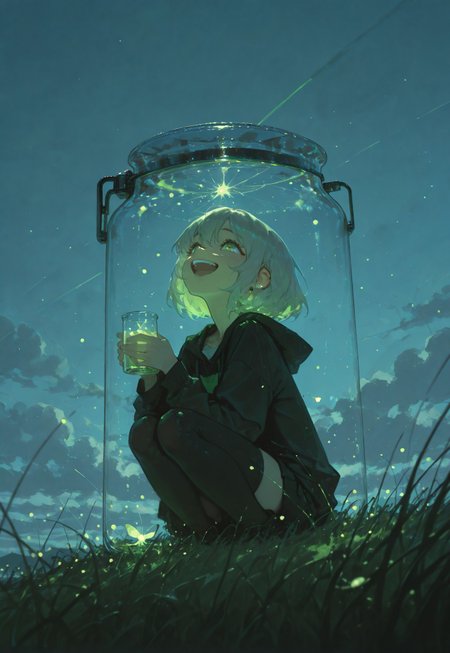 masterpiece, best quality, very aesthetic, absurdres, (anime coloring:1.2), ambient light, soft light, Yakan2g0u_illu, Rapscallionstyle, artist:moriimee, usnr,
 ultra-detailed, 8K, illustration,CG, 1 girl, cute round face, short hair, happy, laughing, holding a glass jar with fireflies, focus on glass jar, looking up at fireflies, green glowing firefies, night sky, clouds, low angle, stars, grass on the ground,
high detail, sharp shading, centered composition, soft shadows