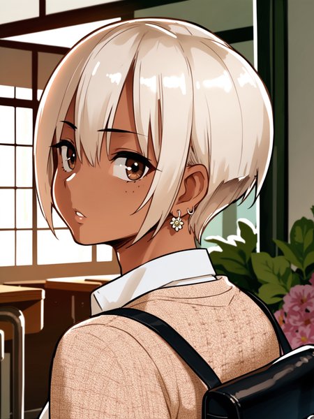 <lora:happy_tentacle-cherry_asuka-v0.1-000030:1>, ht_cherry_asuka, earrings, tan, brown eyes, school uniform, collared shirt, cardigan, flower brooch, indoors , 1girl, solo, upper body , , ( parted lips :1), , looking back , , , score_9, score_8_up, score_7_up, score_6_up, score_5_up, score_4_up