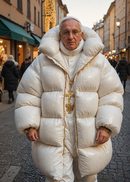 Hyperrealistic photograph of the pope dressed in a fluffy wide oversized gigantic fashionable white ((extra_puffy_jacket)), full body shot, glasses, street, jewelery, gold, bling bling, golden hour lighting, bokeh, Canon EOS R5, 50mm lens. 
(masterpiece, award winning artwork)
many details, extreme detailed, full of details,
Wide range of colors, high Dynamic
<lora:add-detail-xl:1>
<lora:WildcardX-XL-Detail-Enhancer:0.9>
<lora:zavy-cntrst-sdxl:0.045> dark, chiaroscuro, low-key
<lora:RMSDXL_Creative:0.7>
<lora:SDXLFaeTastic2400:0.085> 
 <lora:Puffer_Jacket_and_Down_Jacket_-_Extra_Puffy_Jackets:0.8>
((extra_puffy_hood)) ((extra_puffy_coat)) ((closed_hood)) ((fully_closed_coat)) ((rear_open_coat)) ((fully_down_hooded)) ((((Oversized sherpa padded down coat)))), ((((Oversized sherpa padded puffer coat)))), ((((Oversized sherpa padded winter clothes)))), ((((Very cold)))), ((((feet in the frame))))((((hood_in_the _frame)))) ((very_high_collar)) ((down_mits)) ((closed_collar)) ((high_down_neckbrace))
