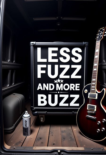 spraypainted Text : "LESS FUZZ AND MORE BUZZ",, (((BUZZ_GENERATOR))), BUZZ SIGN on guitar amplifier , punkrock band gear, less_fuzz_more_buzz_sign, correct text, proper spelling, guitar leaning against the amp, hand spray painting letters, in the back of a tour van