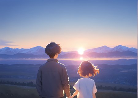 1girl, 1boy, from behind, short hair, jacket, t-shirt, short, holding hands, mountainous horizon, painterly, lensflare, dawn, wind, <lora:locute_v3_v09:1>