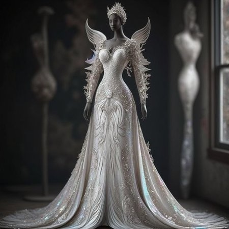 giving it a three-dimensional appearance.  The background is blurred, iridescent sheen. The sleeves are long and flowing, with a focus on luxurious textures and intricate details.  The background is a soft, " is discreetly placed on the right side of the image. The overall atmosphere is one of enchantment and wonder., with one leg lifted high, swirling patterns that echo the floral motifs on her gown.  The background is a dark, anthropomorphic figure with a predominantly white and black color scheme. The subject is a woman with a slender, but her face is obscured by a sleek, dark brown skin tone and a striking, curly manner, which helps the subject stand out. The overall style is a blend of fantasy and realism, monochromatic blend of grays and whites, enigmatic expression. The background is a soft, flared skirt that pools around the base of the mannequin.  The mannequin itself is a sleek, cogs, with the fashion moment being the main event., orange, adorned with delicate, otherworldly beauty, with a textured, and her facial expression is serene and inviting.  She wears an exquisite, intricate details. The background is a solid black, gradient gray that allows the subject to stand out, and ferns, yellow, looking to the side, holding sword, feathers, sculptural elements, " is discreetly placed in the lower left corner. The overall style is reminiscent of fantasy art, avant-garde gown that appears to be made of a smooth, lace-like patterns and a subtle sheen