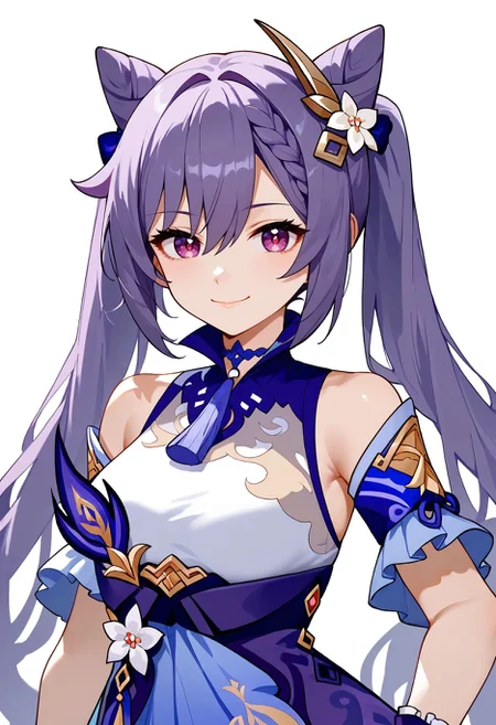 score_9,score_8_up,score_7_up, <lora:keqing_genshin_impact_pdxl_goofy:1>keqing \(genshin impact\),1girl, arm support, braid, breasts, closed mouth, cone hair bun, detached sleeves,bare shoulders,  dress, gloves, hair between eyes, hair bun, long hair, looking at viewer, medium breasts, neck tassel, purple gloves, purple hair, short sleeves, smile, solo, twintails, upper body,white background,
