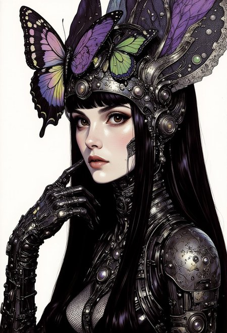 This is a high-fashion photograph themed in an Avant Garde stylized theme. The image showcases a young woman with long, straight dark hair, styled in a sleek, modern manner. She has a fair skin tone and is wearing a striking, dramatic makeup look with bold, dark lipstick and heavy eyeliner. Her eyes are accentuated with dark, smoky eye shadow. She is adorned with a large, elaborate headpiece made of black netting and embellished with intricate, colorful butterfly motifs in shades of purple and green. The netting is layered and textured, adding depth and dimension to her already striking appearance. Her hands are prominently displayed, with fingers adorned in elaborate, fingerless gloves that extend to her wrists. The gloves are made of a shiny, metallic material, and they have intricate lace patterns and silver embellishments, giving them a futuristic, almost robotic feel. The background is a stark white, which contrasts sharply with her dark attire and accessories, making her the focal point of the image. The overall aesthetic of the photograph is dark, edgy, and avant-garde, blending elements of gothic and futuristic fashion. (anime, cyberpunk, Frank Frazetta fantasy oil painting, in the style of cksc,)
