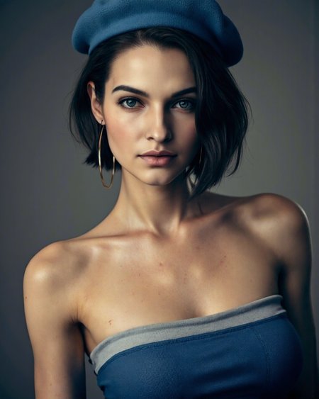 cinematic photo of a beautiful female jill-valentine with short black hair, blue eyes, slim body, medium breasts, wearing a form-fitting blue tube top, bare midriff, black mini-skirt, a blue beret, emphasizing her sleek presence. The background allows the viewer to focus on her eye-catching fashion and makeup.  this composition highlights her fashion-forward aesthetic.  this photo blends contemporary fashion and minimalist elegance, high-fashion vision.  realistic raw professional quality photo,  , Hasselblad,ambient lighting . 35mm photograph, film, bokeh, professional, 4k, highly detailed<lora:FLUX\jill-valentine_re3_flux.safetensors:1.0:1.0> <lora:FLUX\Synesthesia.safetensors:0.8:0.8>