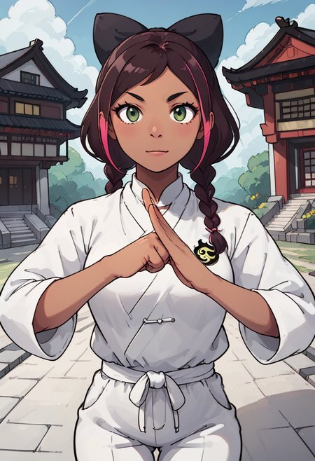 (fist-palm salute:1.5), score_9, score_8_up, score_7_up, source_anime, ultra detailed, 
Generate a picture of a girl making fist-palm salute in a big garden in front of a big traditional Chinese building,  (fist and palm folded in front), front view,  she is wearing a yin_yang_print robe, white pants, barefoot, looking at viewer seriously with light smile.
The girl is a teenager has heart-shaped face with (green eyes with brown pupils), she has (shiny dark skin), (dark-skinned female:1.21), (plump:0.5) and glamor body with (colorful tattoo), medium breasts,  the girl has luxurious hair, predominantly deep brown in color, yet with subtle pink highlights, hair made into (twin braids) with hair bow, 
dynamic angle, , 
 <lora:FlatAnimePony:1>,<lora:fist-palm_salute_Pony:0.8>