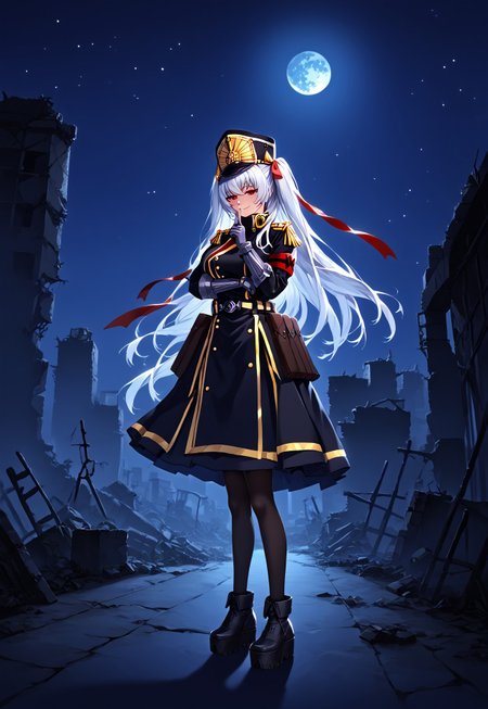 safe_pos, 1girl, solo, highres, rcaltair, two side up, white hair, red eyes, hair ribbon, hair intakes,

military uniform, black jacket, high collar, epaulettes, armband, gauntlets, grey gloves, belt, shako cap, platform footwear, shoes, full body,

looking at viewer, large breasts, shushing, finger to mouth, index finger raised, light smile, half-closed eyes, naughty face, wide shot,

night, night sky, moon, moonlight, ruins, post-apocalypse, overgrown, starry sky, backlighting, silhouette,