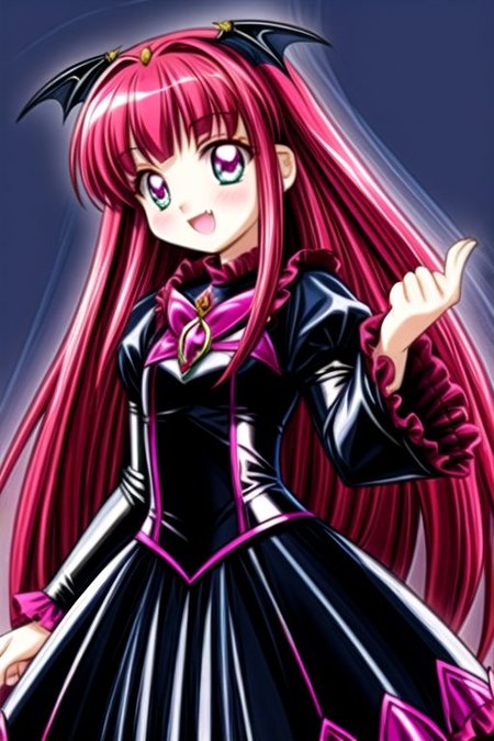 Bad_End_Precure, DarkPrecure, corrupted princess wearing dark pastel (ruffled:1) (gleaming latex:1) gown with (latex vampire cloak:1) and (long frilly wide sleeves), soft lighting, ruffles, (cute little fang:1)
(vmpr:1),
<lora:more_details:1>,