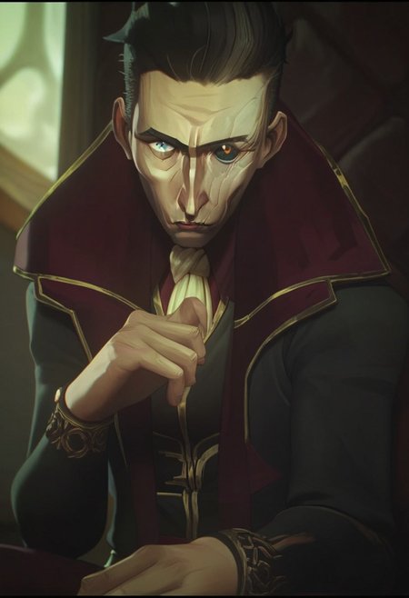 score_9, score_8_up, score_7_up, score_6_up,  
s1lc0 , Silcochembarons, Silco /(league of legends arcane/), solo, looking at viewer, short hair, bangs, blue eyes, shirt, black hair, long sleeves, 1boy, sitting, closed mouth, jacket, yellow eyes, upper body, male focus, hand up, blurry, black jacket, ascot, heterochromia, colored sclera, scar across eye, black sclera ,/(league of legends arcane/),