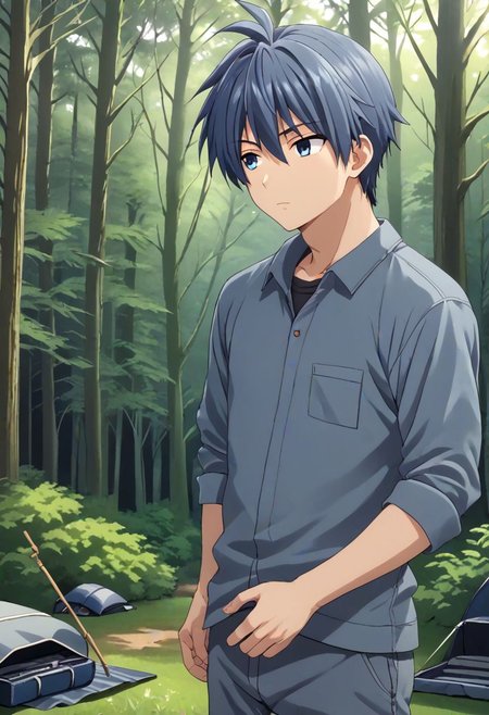 high resolution, solo, best quality, 1Boy, Tomoya Okazaki, Grey Blue Hair, forest, camping, OverallDetail