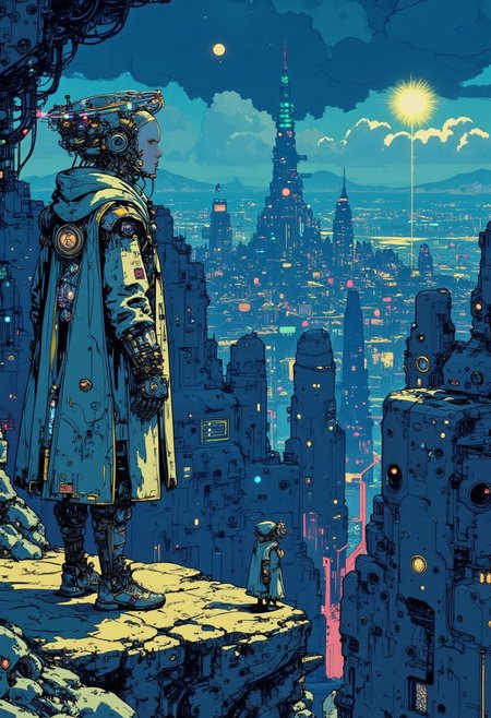 in the style of cksc, studio anime art, detailed ink sketch, high quality digital illustration. A cybernetic nun stands vigil at the edge of a glowing crystalline cliff overlooking a sprawling digital abyss. Her glowing habit, intricately designed with shimmering silver and gold circuits, billows softly in an artificial breeze generated by the towering servers beneath. Her right arm, fully mechanical and engraved with delicate scripture, holds a staff crowned with a radiant holographic emblem resembling an angelic figure. Her other hand rests gently on a small drone shaped like a cherub, which emits a faint, calming hum.
The vast city below stretches into infinity, with towering data spires and luminous grids of interconnected networks pulsing like veins in a living organism. Her mechanical halo spins gently above her head, projecting intricate glyphs and fractal patterns into the air. Stars, artificial yet dazzling, dot the synthetic sky above. She gazes into the infinite horizon, her presence a quiet symbol of enduring faith, even within the cold, calculated machinery of a world dominated by technology.
