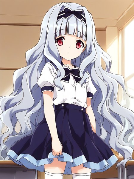 score_9, score_8_up, score_7_up, source_anime, rating_explicit, BREAK  <lora:Watayuki_Ver2.0_XL:1> Watayuki, hairband, very long hair, blue hair, grey hair, hair bow, purple eyes, red eyes, wavy hair, flat chest, blunt bangs,
school uniform, skirt, white thighhighs, bow, zettai ryouiki, ribbon, indoors, short sleeves, shirt, Ermine,