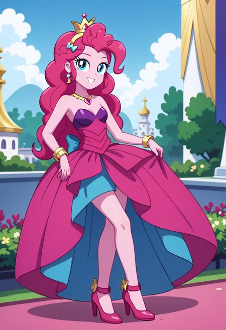 score_9, score_8_up, score_7_up, score_6_up, from My Little Pony Equestria Girls, a very young little human girl Pinkie_Pie wearing a fit blue|sky|green|brown|darkpurple|red|yellow gradients colors short princess dress, elegant detailed princess shoes, solo, 1girl, little princess girl, gradient dark pink hair with crown hairband, smile, childhood, looking at viewer, glow detailed eyes, garden of canterlot, tul, chiffon, laces, semi realistic cartoon, unreal engine 5,  full body close-up, absurdres, digital art, soft light, perfect hands, perfect, hands, perfection, soft pink skin, skyblue eyes, party accesories and shoes, jewelry, tres chic,<lora:age_slider_v4:-4>,