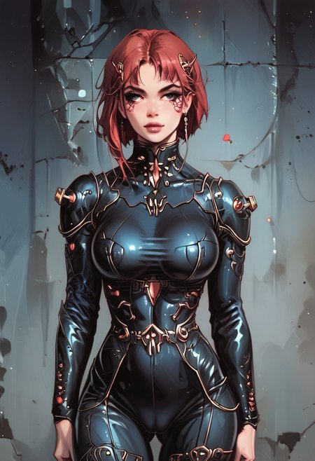score_9, score_8_up, score_7_up, score_6_up, source_cartoon, rating_explicit, Expressiveh, dynamic pose, front view, (((1girl))), short red hair, realistic drawing, anime, sharp highly detailed 2d illustration, comic art, (hyperrealism, soft light, sharp), (anime:0.5),big ass, thick thighs, cameltoe, fit, abs, high-tech red bodysuit, beautiful, charming, cute, sweet. Seductive and suggestive pose, big natural breasts (((full-clothed))), cyberpunk, standing in spaceship, looking to us,teasing, posing, sci-fi, spaceship background, detailed background, dark theme, low light, highly detailed, intricate, solo, detailed skin texture, Expressiveh, vivid colors, digital artwork,