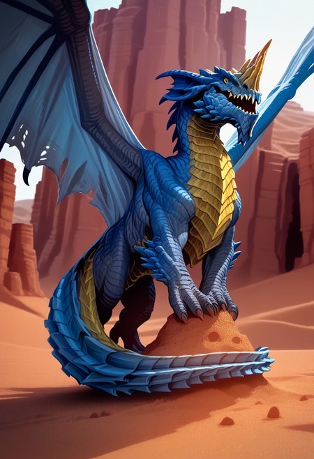 (score_9, score_8_up, score_7_up, score_6_up),(EasyNegativeV2:1.3), 
PonyXLV6_Scores, detailed,source_furry, rating_safe, 
, male feral bluedrg, dragon, yellow underbelly, sharp teeth, yellow eyes, big horn on head, (blue scales with tiny gold spots:1.5), (dragon tail), wings, detailed background, fantasy, full body, quadruped, spread wings, in the air flying, roaring, bulky body, on top of a desert ruin mountain , fantasy, detailed scales