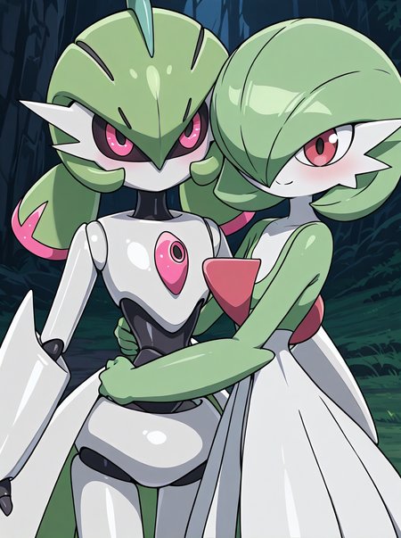 masterpiece, best quality, amazing quality, very aesthetic, absurdres, newest  anime screenshot,  anime coloring,  2girls side-by-side, hug 
BREAK <lora:ironvalinatillust:1>green hair, ironvaliantillust, pokemon (creature), colored skin,, white skin, pink eyes, humanoid robot,   
BREAK gardevoir,  gardevoir, pokemon, 1girl, white skin, two-tone skin, green skin, red eyes, hair over one eye, one eye covered, short hair, green hair, bob cut, flat chest, pokemon (creature) smile
