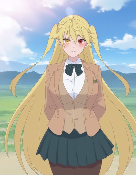 hizuki_olis, 1girl, solo, very long hair, two side up, blonde hair, pointy ears,
heterochromia, school uniform, diagonal-striped bow, brown jacket, brown cardigan, white shirt, green skirt, brown pantyhose, cowboy shot, 
looking at viewer, blush, smile, arms behind back
BREAK
scenery, mountainous horizon, blue sky, day, sunlight, masterpiece, best quality, newest, absurdres, very awa, very as2, year 2024
<lora:hizuki_Maou2099_ilxl_blora-dim64-svfro098_v1_char:1> <lora:hizuki_Maou2099_ilxl_blora-dim64-svfro098_v1_style:1>