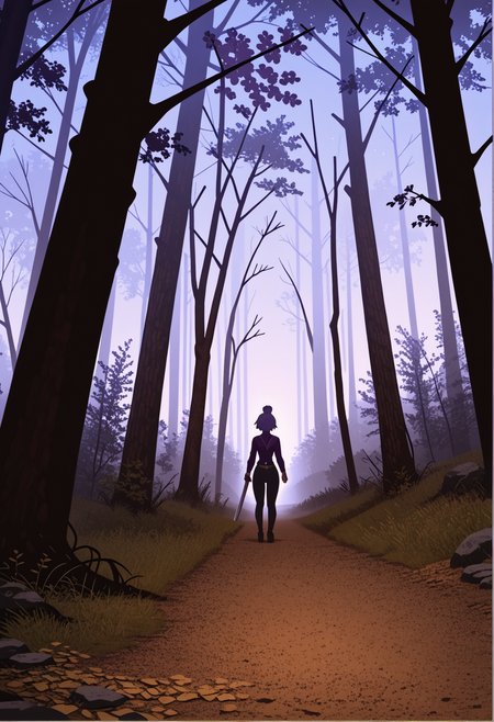 graphic novel digital illustration. emotional. vivid colors.

stretching ahead is a meandering (bright brown dirt) path through a dark forest. dappled moonlight occasionally forces its way through the towering trees on each side of the narrow path. the path eventually fades into the mist beyond. (coming out of the foreboding mist is the ominous silhouette of a solo human figure holding a sword). (the gnarled trees are laden with ((purple berries))). the underbrush at the side of the path has yellow daisies