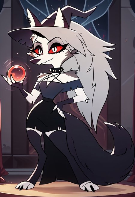 SCORE_9, SCORE_8_UP, SOURCE_FURRY, BREAK, SOLO, Loona \(Helluva Boss\), FEMALE, FURRY, WITCH DRESS, WITCH HAT, BREAK, ON CASTLE THRONE, HIGH RESOLUTION, VIVID TEXTURES, DETAILED PUPILS, holding a magical orb in hand, casting a magic spell