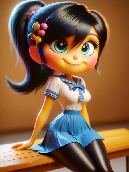 score_9, score_8_up, score_7_up, score_6_up, 1girl, colored skin, sitting in a bench, hands on thighs, long black hair, school uniform, skirt, black thighhighs, cute hair ornament, bright pupils, blush, medium breasts, narrow waist, wide hips, thick thighs, looking at viewer, cowboy shot, dynamic pose, cute, wide shot, solo, sexually suggestive, light smile,
cartoon,  <lora:InsideOutCH_Style:1> InsideOutXLP, chibi,