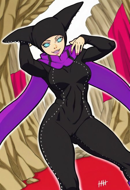 MatsuriGodTreeBTBV, 1girl, solo,  black  headwear, striped eyes, pink lips, large breast, black studded bodysuit,  striped four-pointed magenta collar,  black studded hood,  purple rinnegan, thick thighs, high-heeled ankle boots, pink nails,
,seductive pose, sexy pose, tease, 
masterpiece, best quality, ultra-detailed, very aesthetic, detailed background, very aesthetic, newest, scenery, highres, 4k, absurdres, 8k, colorful,vibrant, glowing, perfect face, 2d, perfect eyes, detailed eyes, 
 masterpiece, best quality, ultra-detailed, very aesthetic, newest, scenery, absurdres, perfect anatomy, , perfect face, perfect eyes, mature body, clear eyes, beautiful eyes, athletic, curvy body, athletic girl, perky tits, perfect tits, round breasts, pinup pose, teasing, lustful expression,
muscular female, dutch angle,
,naughty smile, 
,detailed eyes,Smooth Negative, highres, absurdres,   uncensored, m4s4sh1