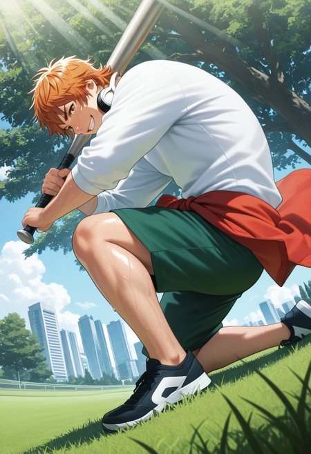 masterpiece, best quality, amazing quality, absurdres, newest, detailed background, definition so sharp, Ultra-HD, 8K cinematic, very awa, impressionate, amazing quality, highres, 
solo, male focus, manly, mature male, bara, outdoor, day, blue sky, sweating, sunbeam, grass, field, tree, city, 
1boy, short hair, headphone around neck, misakiyata, misaki_orange hair, misaki_brown eyes, white t-shirt, clothes around waist, green shorts, holding, baseball bat, dynamic pose, sports, dynamic angle, grin, smile