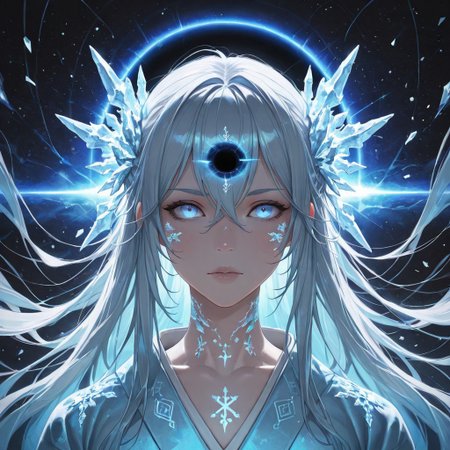 masterpiece,best quality,amazing quality,absurdres, BREAK 
1girl, light blue kimono, floating snowflakes, glowing light blue cracks, starless sky, black hole backdrop, eldritch runes, chains (broken), ice magic, pale skin, glowing blue eyes, floating debris, apocalyptic aura, portrait: symmetrical framing, cosmic horror, anti-gravity hair, white hait, long hair,  reality distortion, forgotten civilization