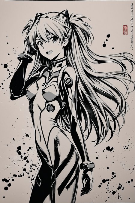 monochrome,greyscale,1girl,long hair,plugsuit,bodysuit,souryuu asuka langley,pilot suit,bracer,smile,open mouth,bangs,turtleneck,solo,cowboy shot,:d,gloves,looking at viewer,headgear,two side up,adjusting hair,narrow waist,standing,hand up,hair ornament,from side,skin tight,traditional media,Ink background,
<lora:okazu_XL:0.9>,