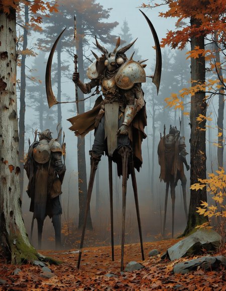 Art by Piotr JabÅoÅski. A digital illustration shoot from below about a stylized humanoid figure standing on stilts amidst a misty forest with autumn leaves scattered around. the image also shows two humanoid figures, one standing on the left and one on the right, both wearing armor and holding weapons, in a dynamic pose. on the middle of the image, a humanoid figure appears to be standing, wearing a form-fitting, metallic armor with spikes and spikes on its body, holding a long, curved weapon. the figure is facing the viewer, with a neutral expression, and has a pair of horns on their head. on either side of the humanoid figure, another humanoid figure is standing, also holding a weapon, and is also wearing armor. the background features tall trees with a foggy atmosphere, and the scene is surrounded by autumn leaves in various shades of red, orange, and yellow.