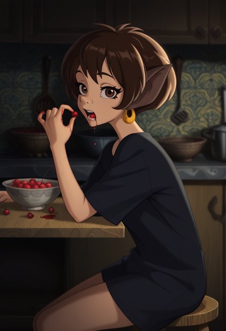 Graphic Design, color art, vibrant colors, colorful, intricate details, high contrast, detailed background, beautiful detailed, beautiful face, detailed eyes, detailed face, new, 1girl, solo, n41n4, brown hair, short hair, brown eyes, animal ears, earrings, cowboy shot, surpised, kitchen, sitting, table, stool, blood on hand, looking at viewer, dynamic pose, dark, from side, bowl with cherry, eating cherry, open mouth, blood in mouth, blood on clothes, black t-shirt, (masterpiece, best quality, newest, recent, absurdres),