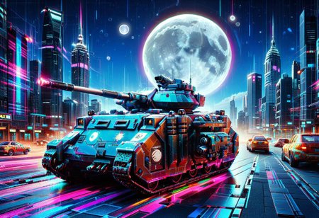 vibrant colors, shiny_skin, prefect lighting, detailed image, snoozing, masterpiece, best quality, highly detailed, ultra quality, 3DMM, glitch, flickering, digital, glitch style, 
(tanks, predtank), 
On the road, outdoors, neon lights, glowing, city, skyscraper, building, sciencefiction, electricity, night, moon, moonlight,