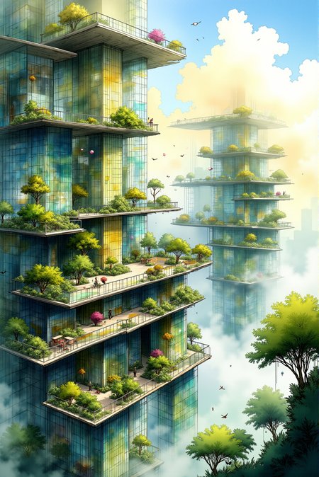 <lora:Watercolor_sketch_v.1:0.9> Watercolorsketch style.  A technical concept design sketch colored with watercolor features a suspended garden atrium, a masterpiece of bio-engineering where cascading terraces overflow with exotic flora, suspended from a network of crystalline walkways. The structure appears to defy gravity, its transparent platforms seamlessly blending into the misty sky, while suspended irrigation orbs cast shimmering reflections across the verdant foliage. The watercolor medium brings the lush, organic textures to life, with soft gradients of emerald, jade, and amethyst merging into a sunlit golden haze filtering through engineered light panels. Fine ink linework highlights the precision of the architectural frameworkâdelicate lattice-like support beams, gravity-fed hydroponic channels, and bioluminescent vines curling around the geometric pathways. The scene is captured from an expansive aerial perspective, showcasing the atrium as a floating oasis against a sky brushed with warm, pastel hues.