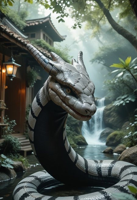(((score_9, score_8_up, score_7_up)):2.0), source_photo, hyperrealistic, photo, photorealism,  realistic lightings, Dynamic Lighting, s1_dram, Warm lighting, Japanese garden, cherry trees, detailed background, (((Naruto_Manda, snake))), slit pupils, green eyes, purple body, body markings, black eye markings, 2 pair of horns, black belly scales, highly detailed, cinematic lighting, realistic shadows, skin texture realistic, masterpiece, award winning photography