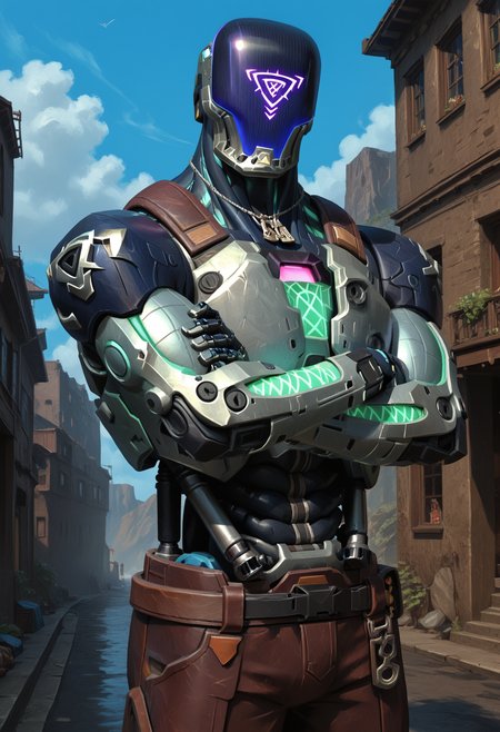 zPDXL3, score_9, score_8_up, score_7_up, (detailed face, detailed body, detailed background, perfect anatomy, masterpiece, high quality, best quality), outside, clouds, rating_safe BREAK (crossed arms, 5 fingers), three-quarter view, male focus, kayo_valorant, robot, cyborg, muscular, broad shoulders, looking at viewer, glowing, metallic body <lora:detailed_notrigger:1> <lora:hand 4:1> <lora:KAYO_Valorant_V1:0.9> <lora:1dkXLP:0.25>